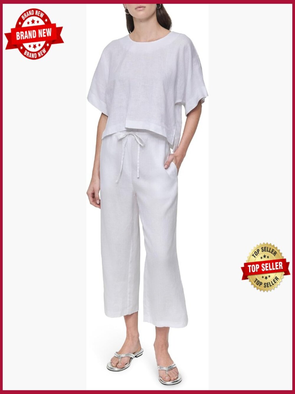 Linen Wide Leg Pull On Pants Mid Rise Relaxed Fit Summer